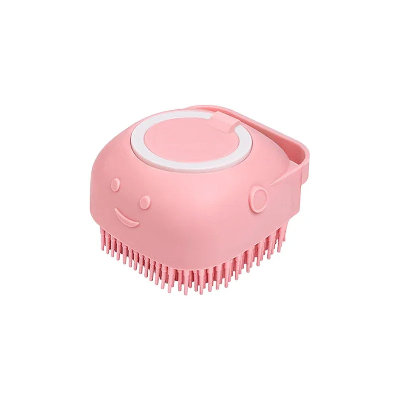 Dog Bathing and Grooming Brush with Shampoo Dispenser - Soft Silicone and Rubber Bristle Tool for Dogs and Cats