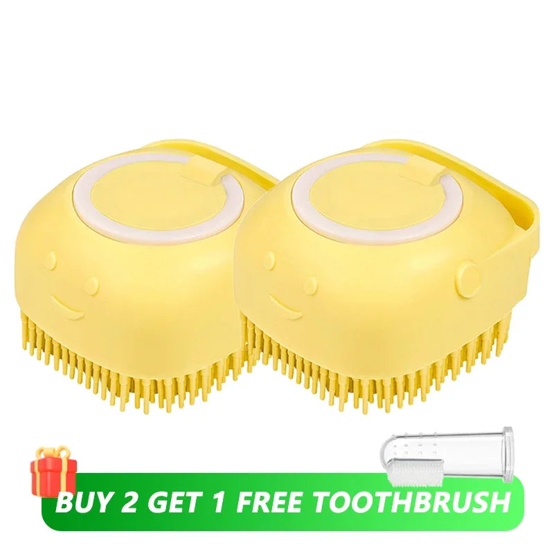 Dog Bathing and Grooming Brush with Shampoo Dispenser - Soft Silicone and Rubber Bristle Tool for Dogs and Cats