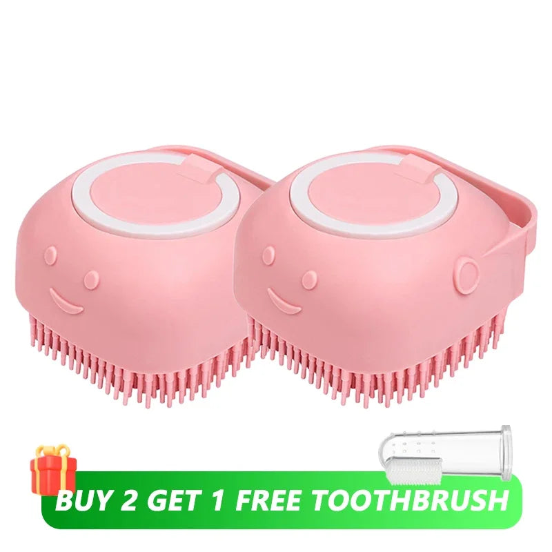 Dog Bathing and Grooming Brush with Shampoo Dispenser - Soft Silicone and Rubber Bristle Tool for Dogs and Cats