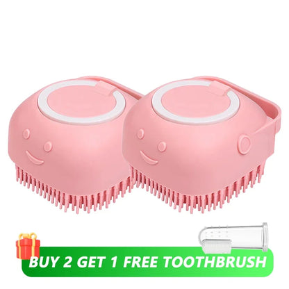 Dog Bathing and Grooming Brush with Shampoo Dispenser - Soft Silicone and Rubber Bristle Tool for Dogs and Cats