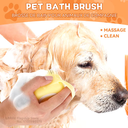 Dog Bathing and Grooming Brush with Shampoo Dispenser - Soft Silicone and Rubber Bristle Tool for Dogs and Cats