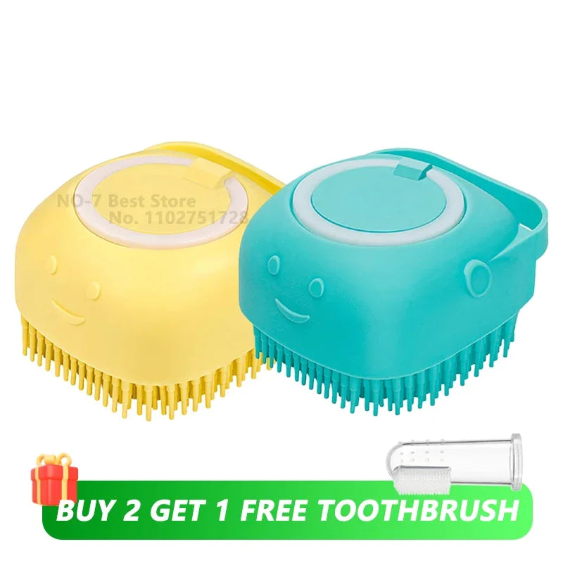 Dog Bathing and Grooming Brush with Shampoo Dispenser - Soft Silicone and Rubber Bristle Tool for Dogs and Cats