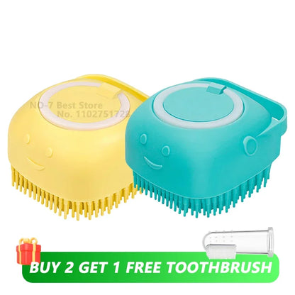 Dog Bathing and Grooming Brush with Shampoo Dispenser - Soft Silicone and Rubber Bristle Tool for Dogs and Cats
