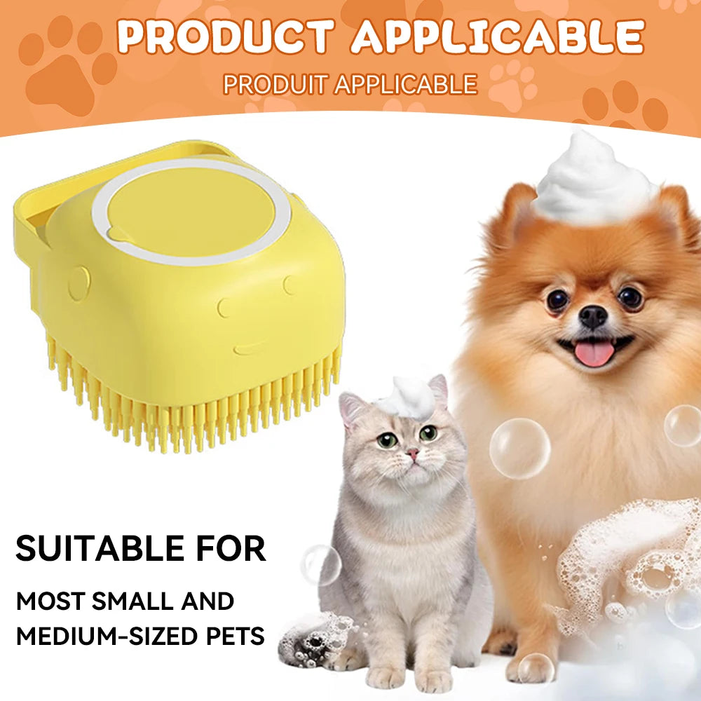 Dog Bathing and Grooming Brush with Shampoo Dispenser - Soft Silicone and Rubber Bristle Tool for Dogs and Cats