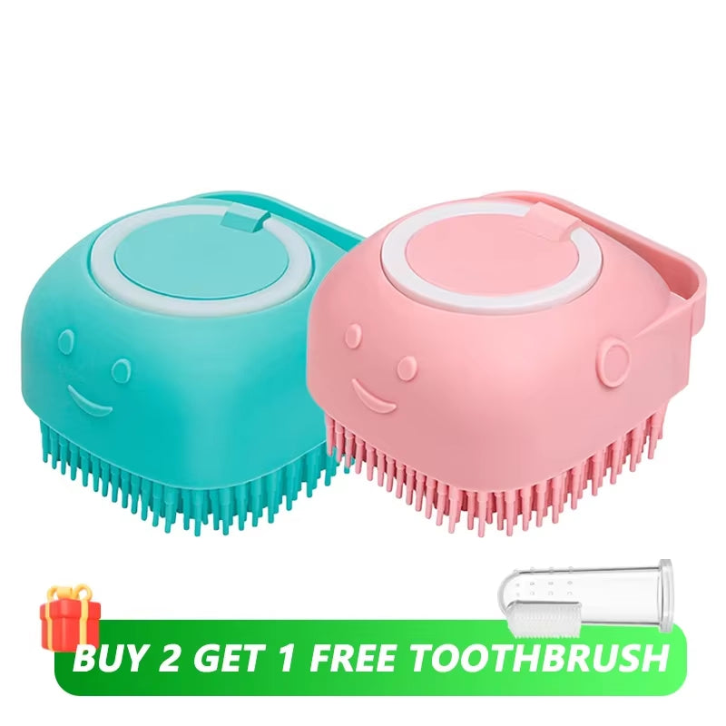 Dog Bathing and Grooming Brush with Shampoo Dispenser - Soft Silicone and Rubber Bristle Tool for Dogs and Cats