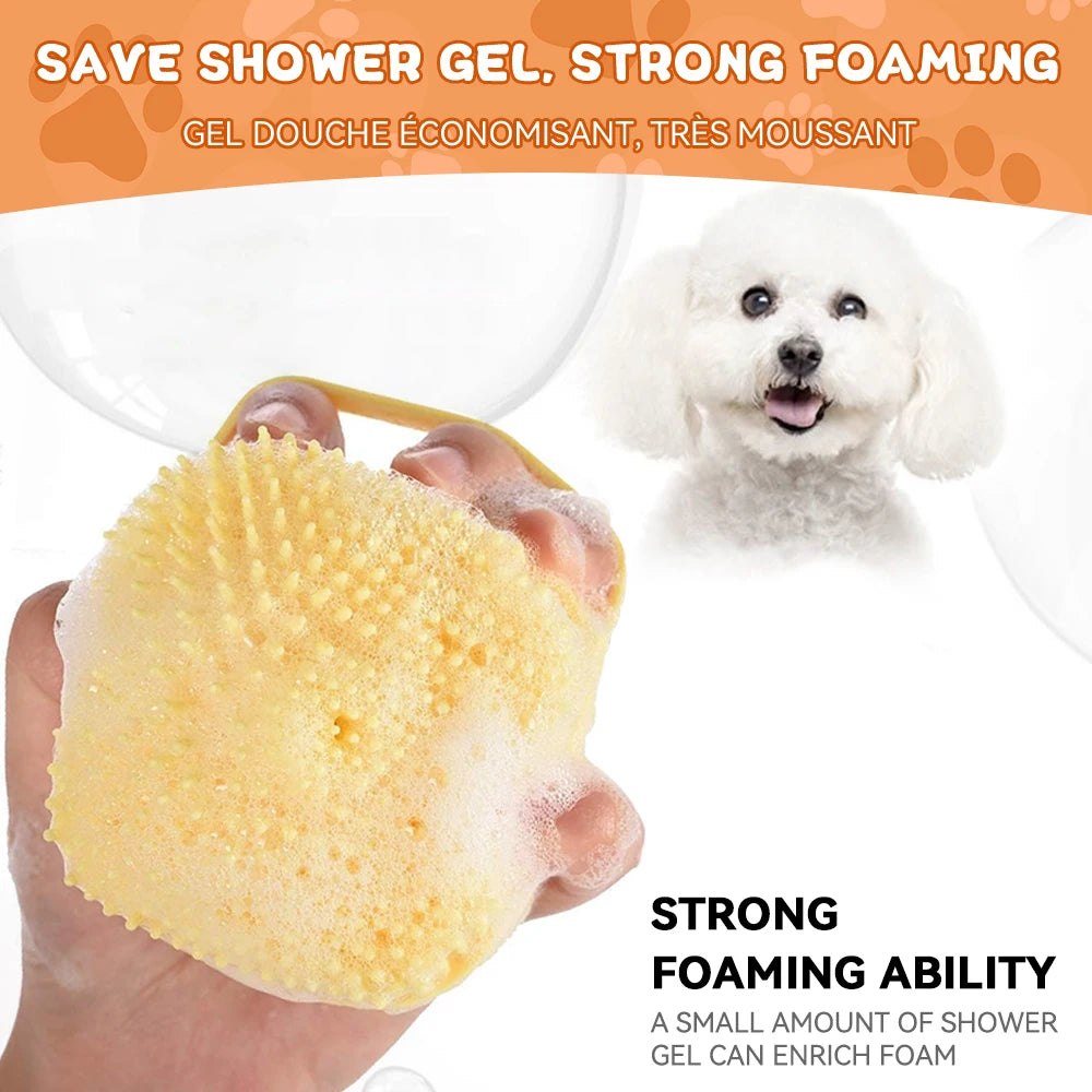 Dog Bathing and Grooming Brush with Shampoo Dispenser - Soft Silicone and Rubber Bristle Tool for Dogs and Cats