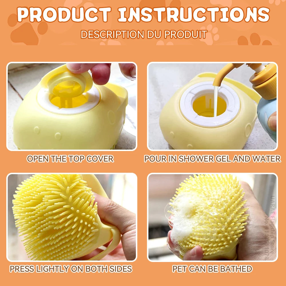 Dog Bathing and Grooming Brush with Shampoo Dispenser - Soft Silicone and Rubber Bristle Tool for Dogs and Cats