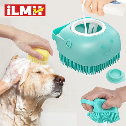 Dog Bathing and Grooming Brush with Shampoo Dispenser - Soft Silicone and Rubber Bristle Tool for Dogs and Cats