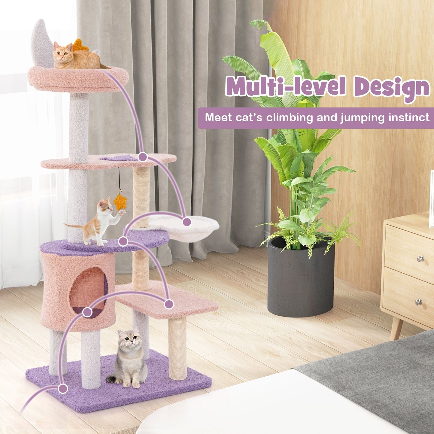 Multi-Tiered Cat Tree with Sisal-Wrapped Scratching Posts and Enclosed Condo