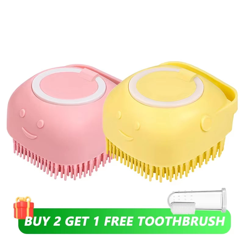 Dog Bathing and Grooming Brush with Shampoo Dispenser - Soft Silicone and Rubber Bristle Tool for Dogs and Cats