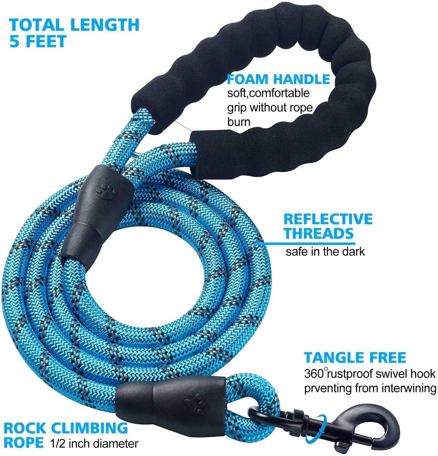 Premium Extra Strong Reflective Dog Leash with Foam Padded Handle, 5ft (150cm)