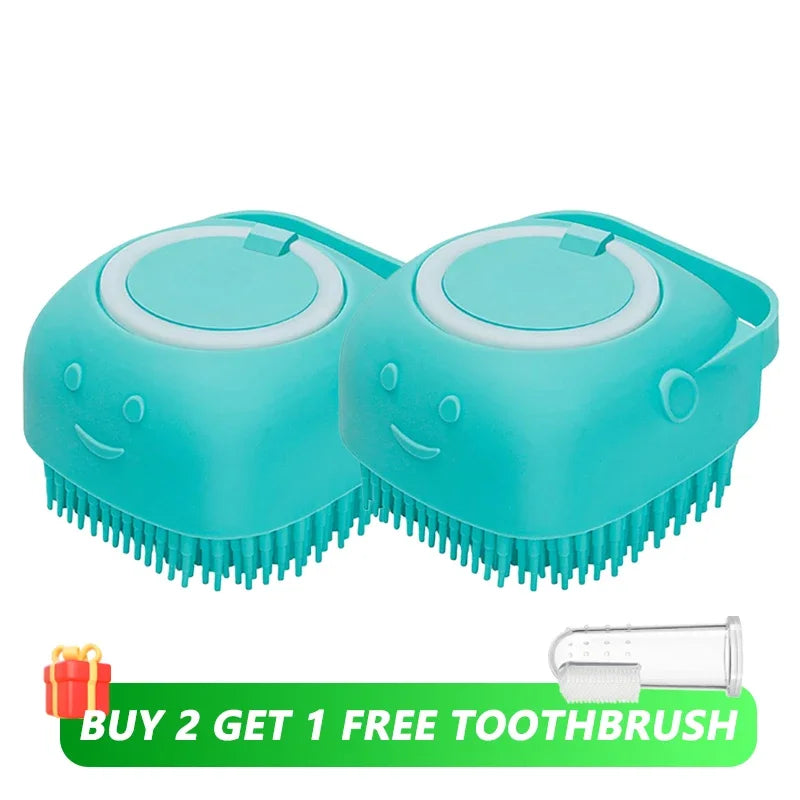 Dog Bathing and Grooming Brush with Shampoo Dispenser - Soft Silicone and Rubber Bristle Tool for Dogs and Cats