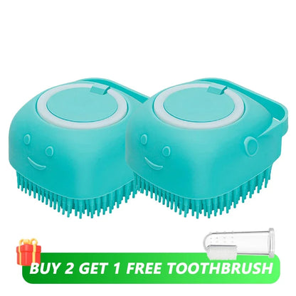 Dog Bathing and Grooming Brush with Shampoo Dispenser - Soft Silicone and Rubber Bristle Tool for Dogs and Cats