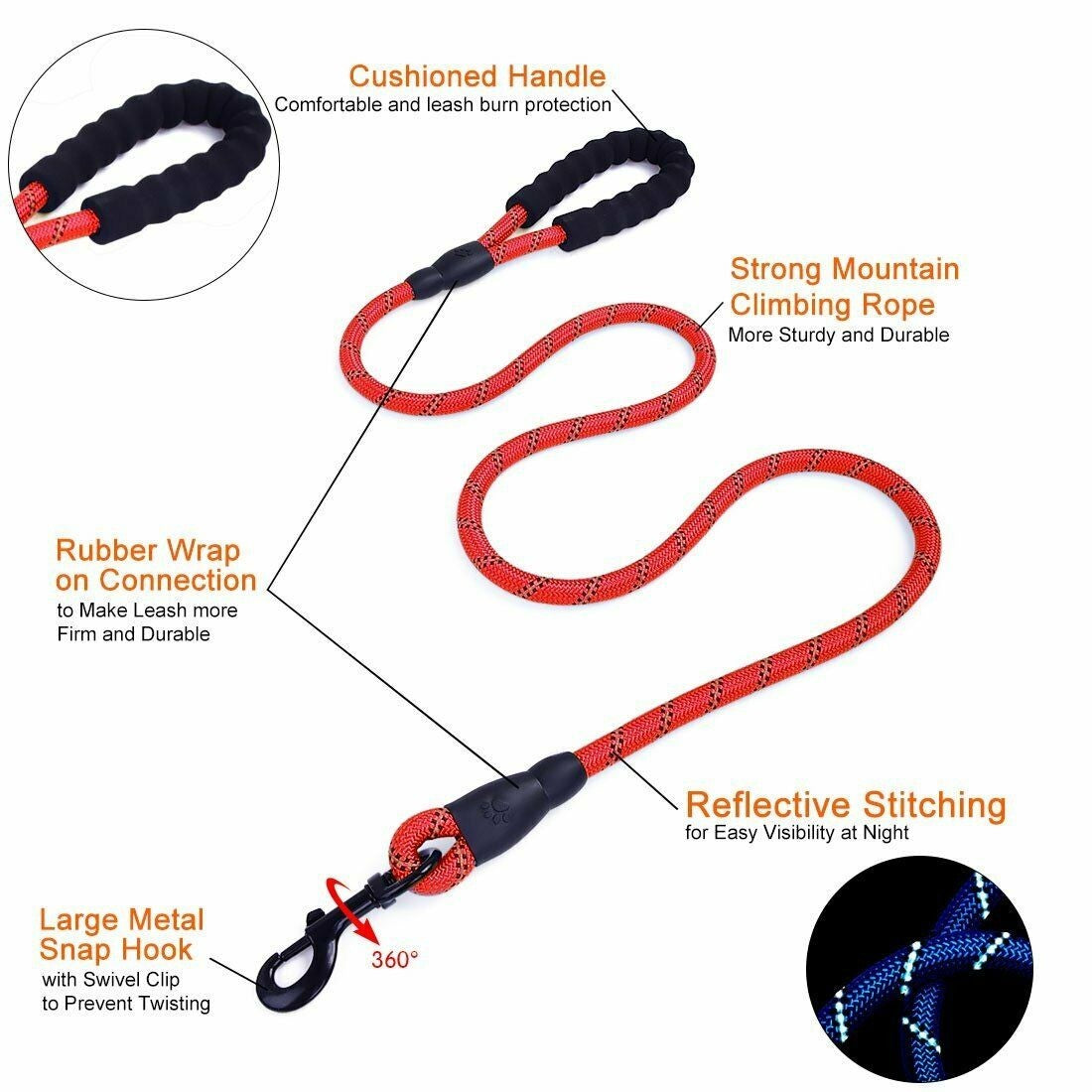 Premium Extra Strong Reflective Dog Leash with Foam Padded Handle, 5ft (150cm)